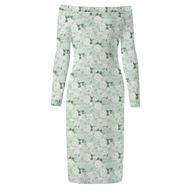 Sage Green Floral Dress with Off-Shoulder Style and Long Sleeve Fitted Elegance