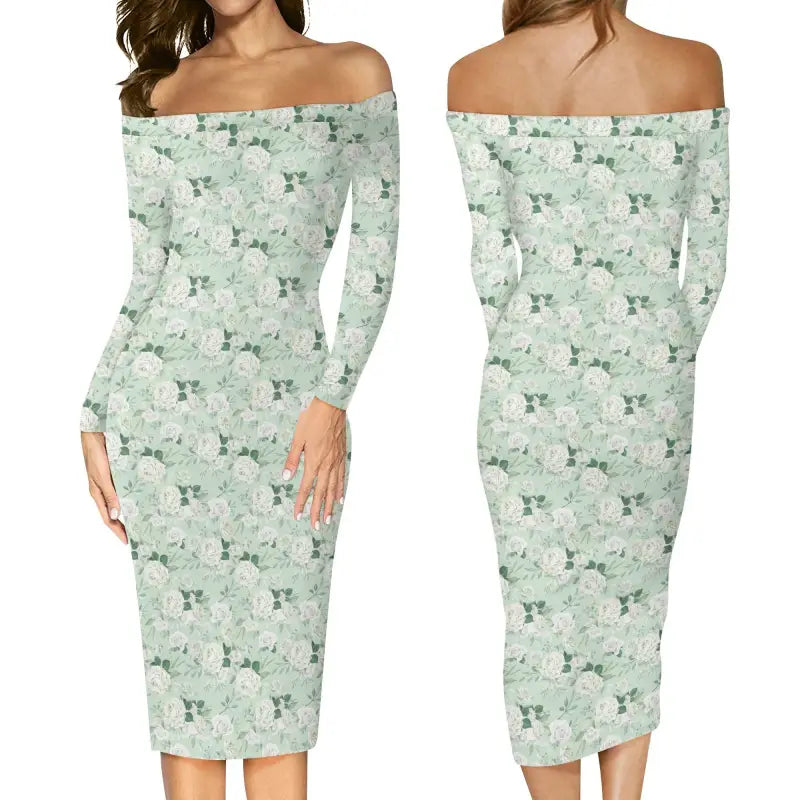 Sage Green Floral Dress featuring off-shoulder long sleeve fitted style with butterflies
