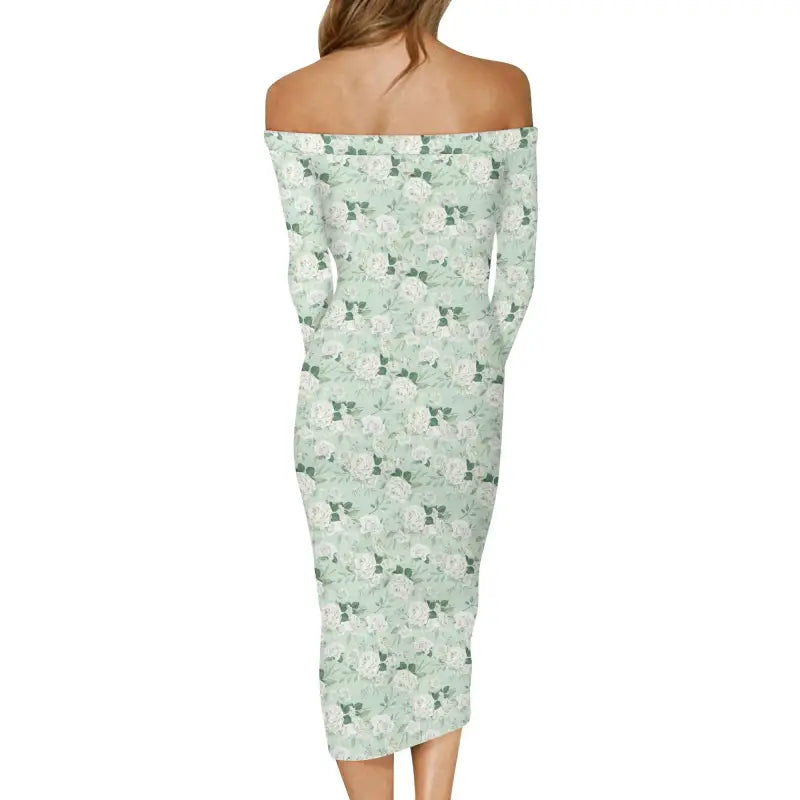 Sage green floral off-shoulder midi dress with long sleeve fitted style and elegant design