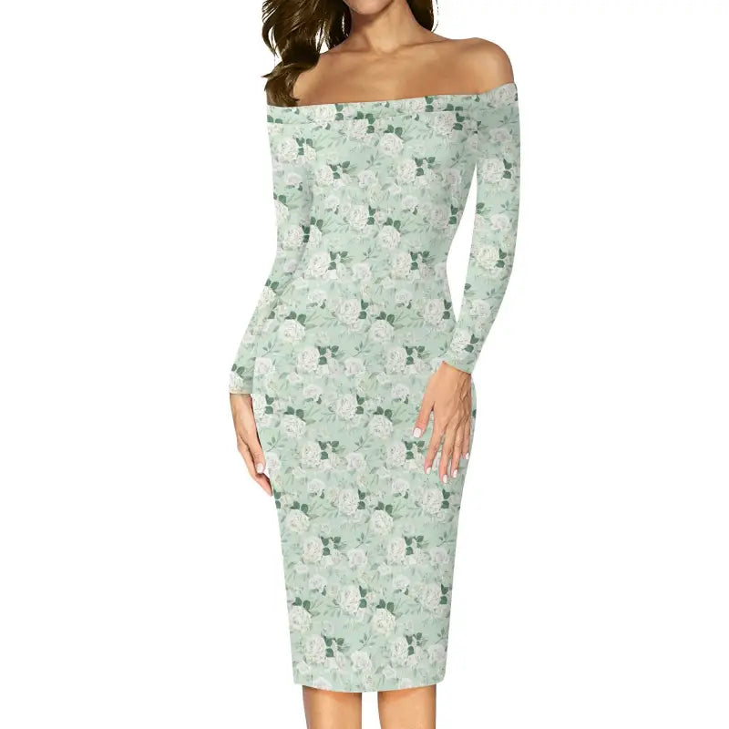 Off-shoulder long sleeve fitted Sage Green Floral Dress with a pretty floral pattern