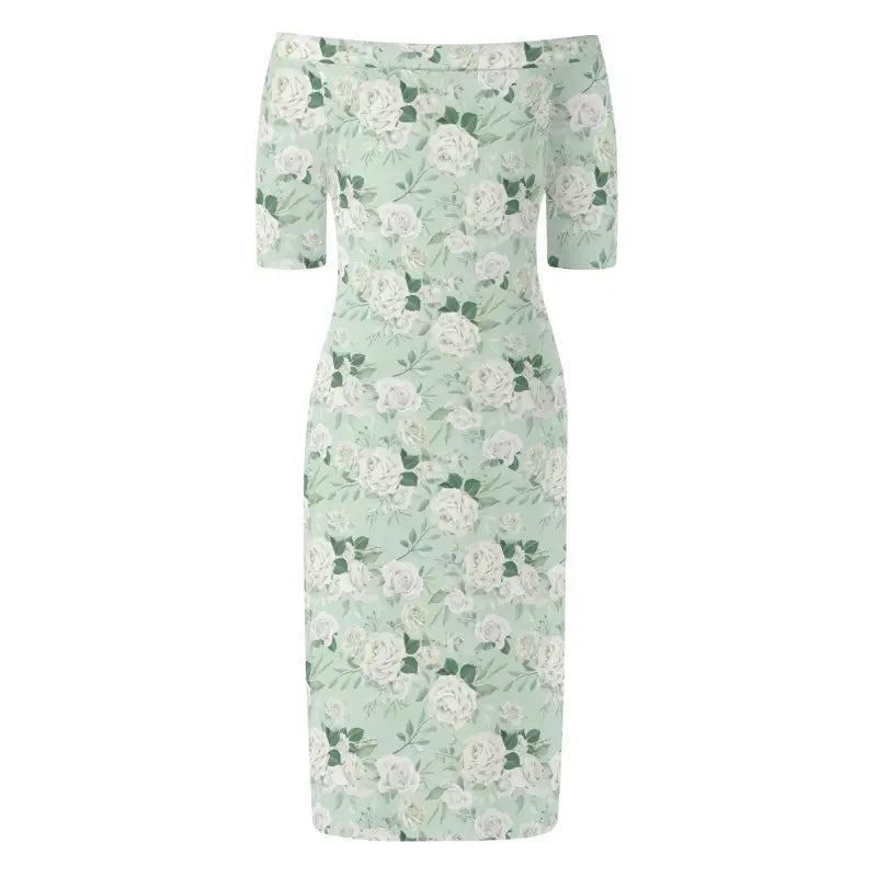 Off-the-shoulder mint green floral midi dress for a stylish summer vibe