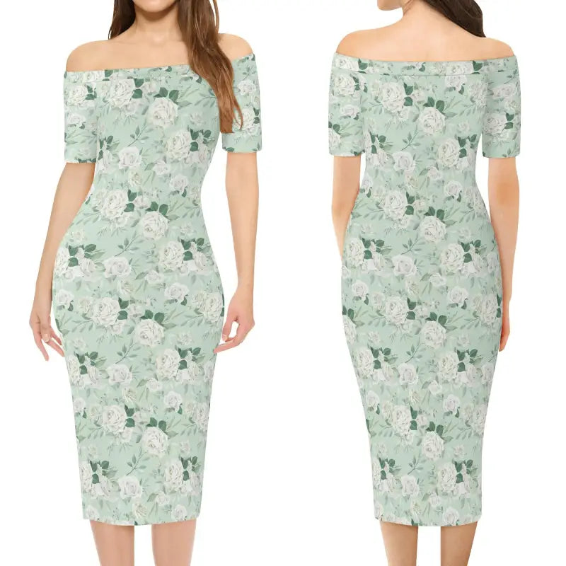 Off-shoulder Sage Green Floral Dress with white flowers on a light green background