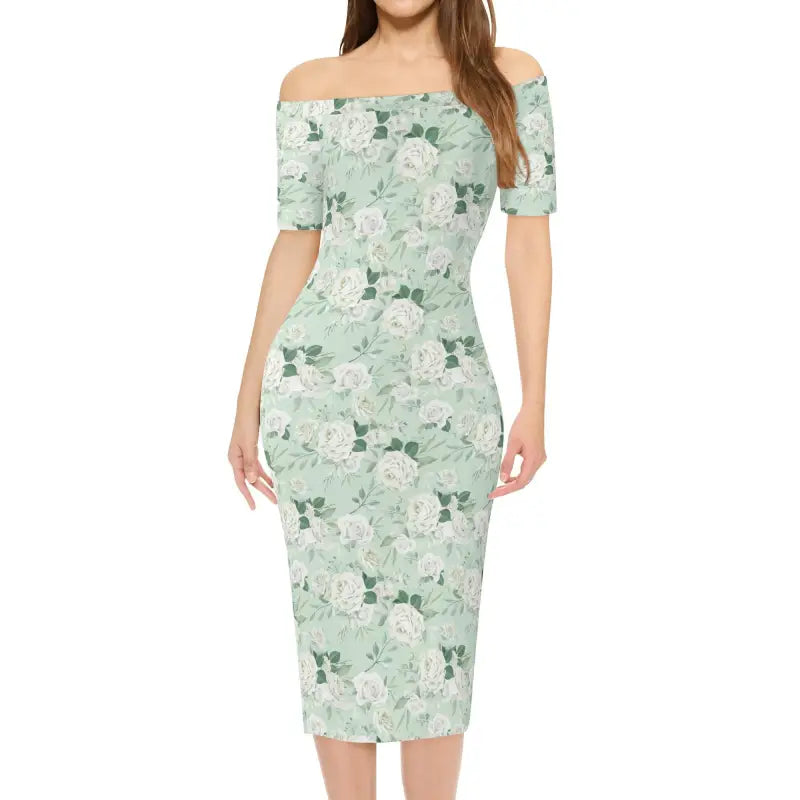 Sage Green Floral Dress with Off-Shoulder Design and Short Sleeves for Summer Vibes
