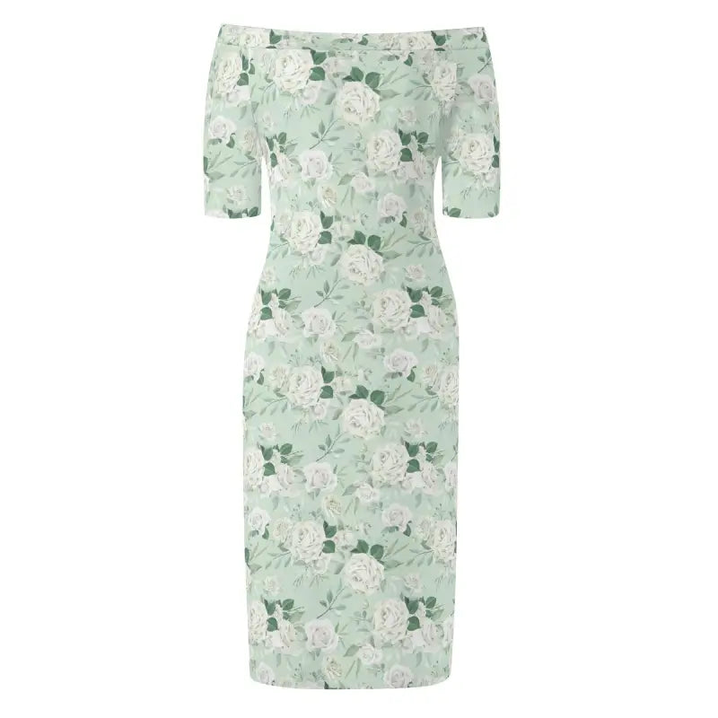 Sage Green Floral Dress featuring a cute off-shoulder design and short sleeves