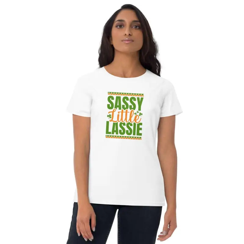 White Sassy Wee Lassie short sleeve t-shirt with green and red lettering for women