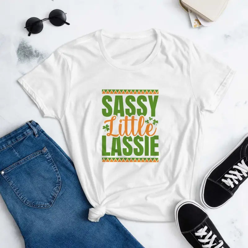 White short sleeve t-shirt featuring Sassy Little Lassie design in green and orange