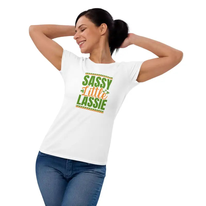 White short sleeve t-shirt with colorful Sassy Little Lassie design for women’s sassy look