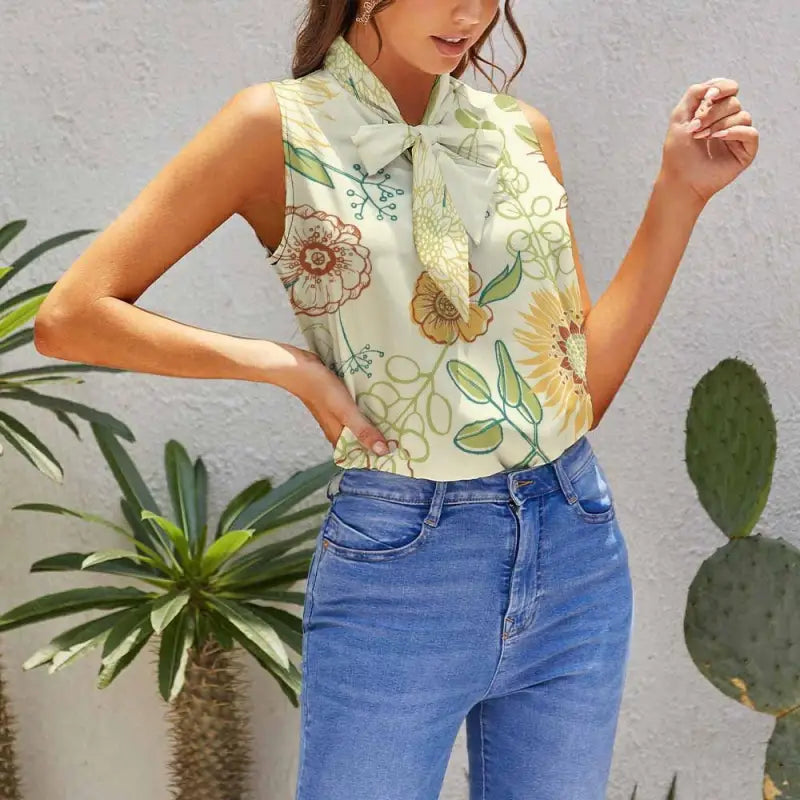 Sassy Yellow Floral Summer Blouse with collar styled with blue jeans for a chic look