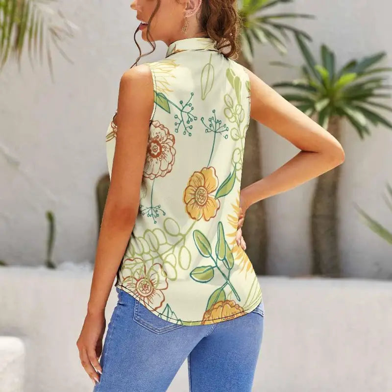 Sassy Yellow Floral Summer Blouse featuring a sleeveless design and vibrant floral print