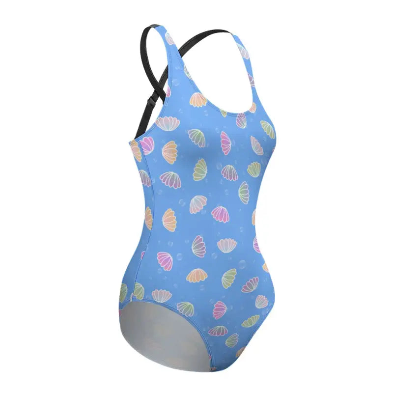 Light blue one piece swimsuit with criss cross back and charming shell pattern for ladies