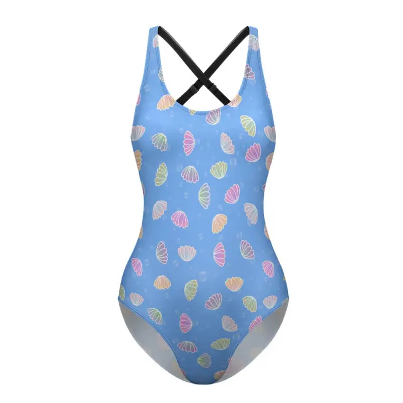Light blue one piece swimsuit with criss cross back and charming shell pattern for ladies