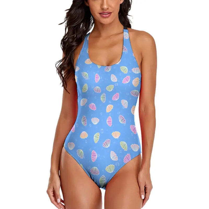 Light blue one piece swimsuit with criss cross back and charming shell pattern ladies