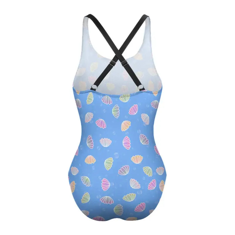 Light blue one piece swimsuit with criss cross back and colorful shell pattern ladies design