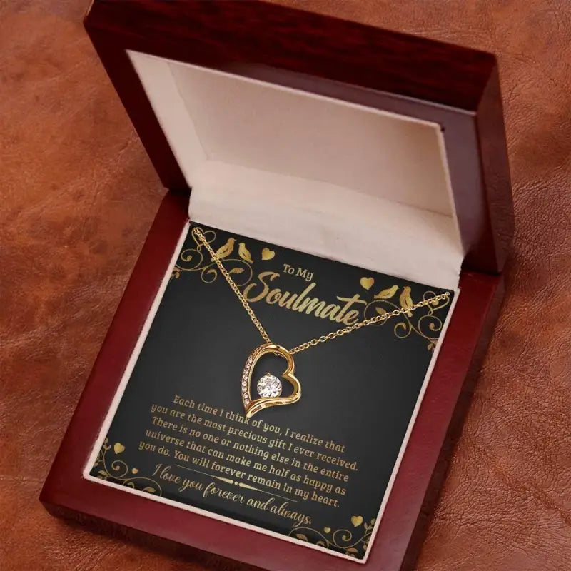 Gold heart-shaped forever love necklace with diamond in a wooden box, ideal soulmate gift