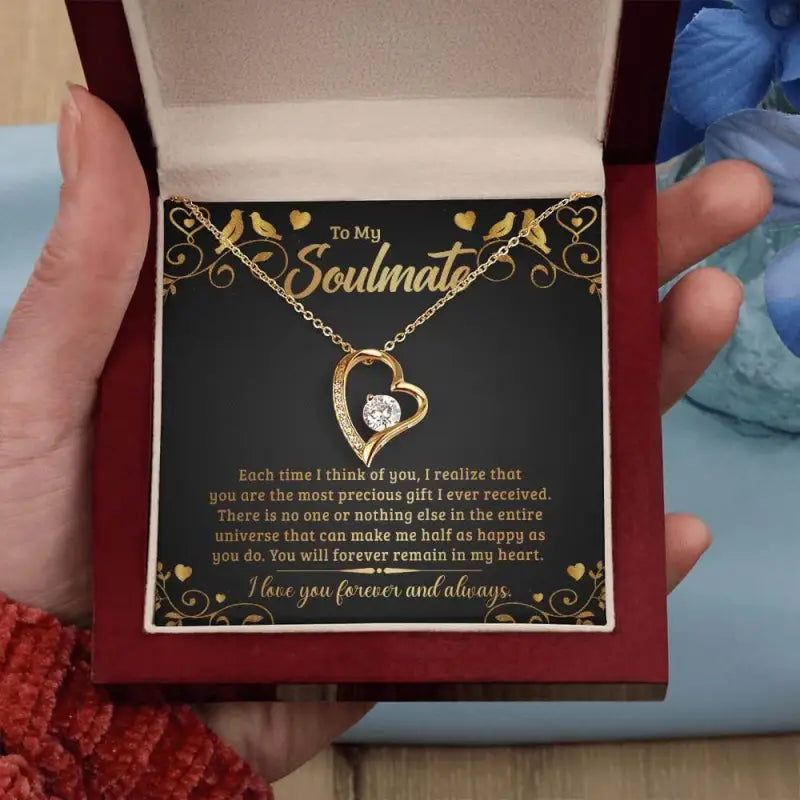 Gold heart-shaped pendant with diamond in a gift box, perfect forever love necklace for your soulmate gift