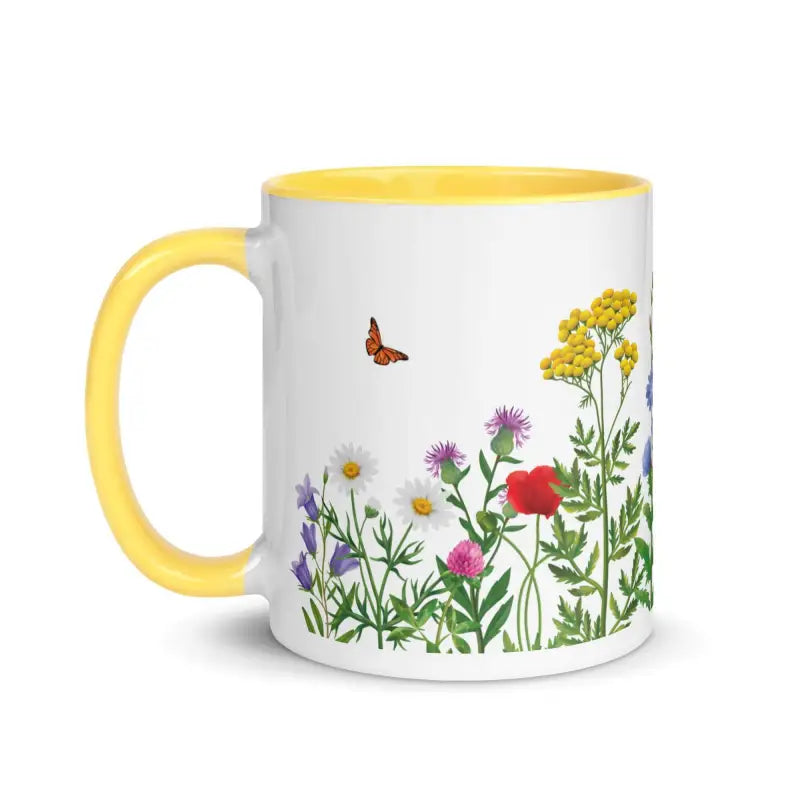 Wildflower Coffee Mug with vibrant wildflower and butterfly design on a white background