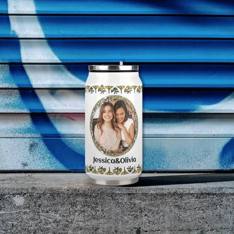 Personalized stainless steel tumbler featuring Jessica & Olivia’s photo and decorative borders