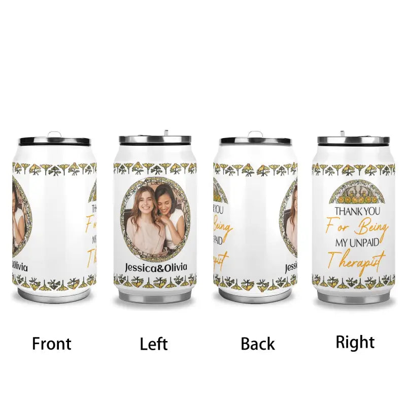 Customizable stainless steel soda can tumbler with pictures and text for personal flair