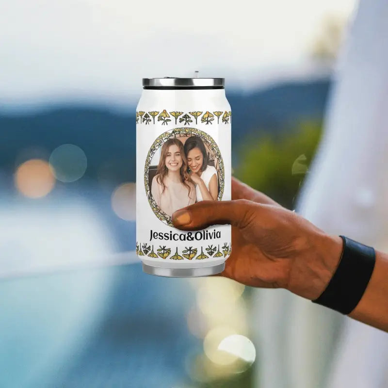 Personalized stainless steel tumbler with pictures featuring a custom photo and names
