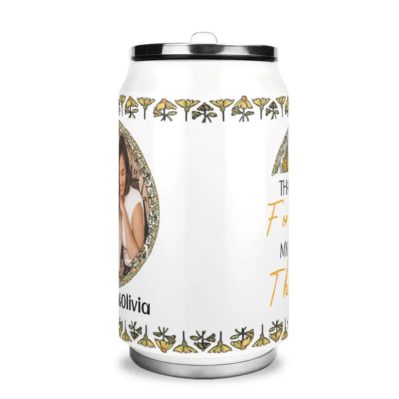Customized stainless steel soda can tumbler with decorative patterns and text