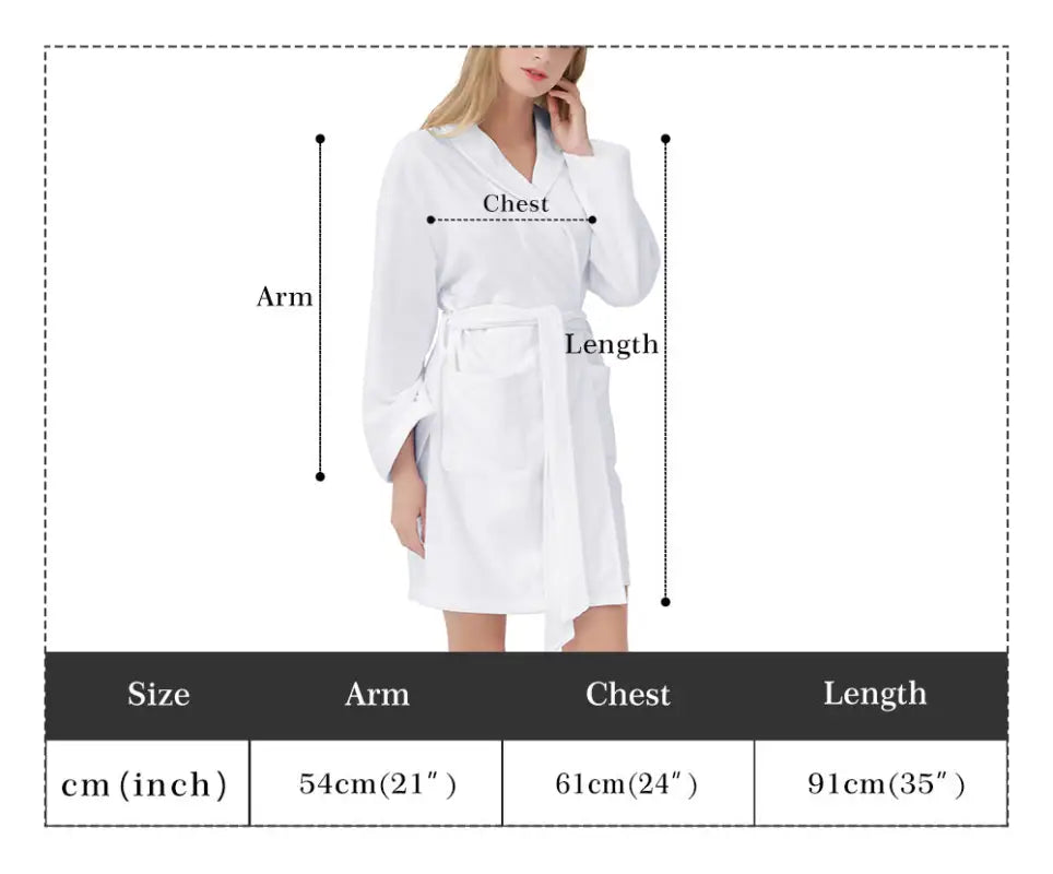 White long-sleeved dress with sizing annotations for the Womens Snowman Short Bathrobe