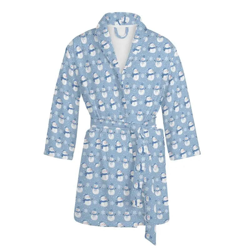 Light blue womens snowman short bathrobe with tie belt, perfect for cozy tea time