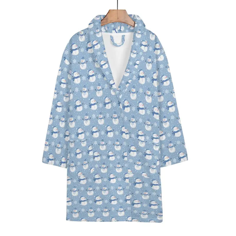 Light blue womens snowman short bathrobe with snowman pattern on wooden hanger