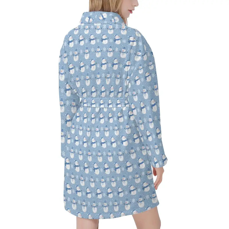 Light blue womens snowman short bathrobe featuring cute cartoon snowmen design