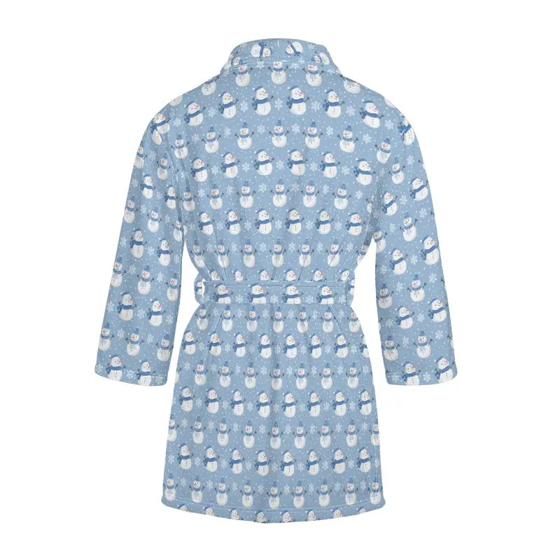 Light blue womens snowman short bathrobe with white teacup and teapot pattern