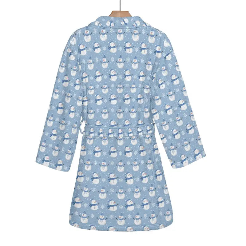 Light blue womens snowman short bathrobe with cute snowman pattern for cozy lounging