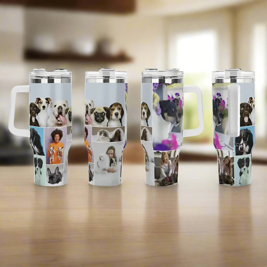 Set of four Pawsitively Pawesome 40oz stainless steel mugs with fun dog designs