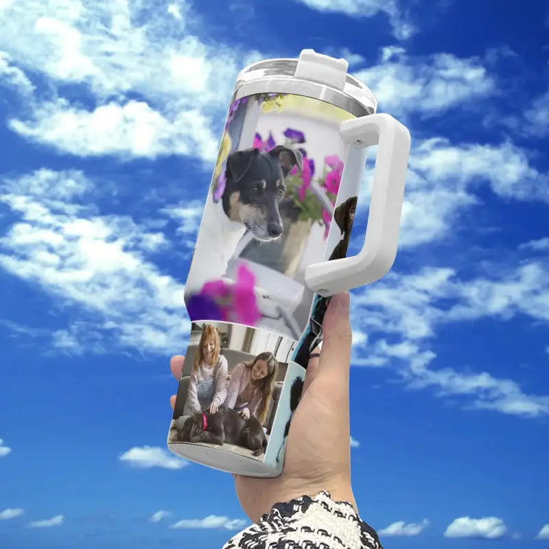 Personalized 40oz stainless steel travel mug with colorful designs for dog lovers