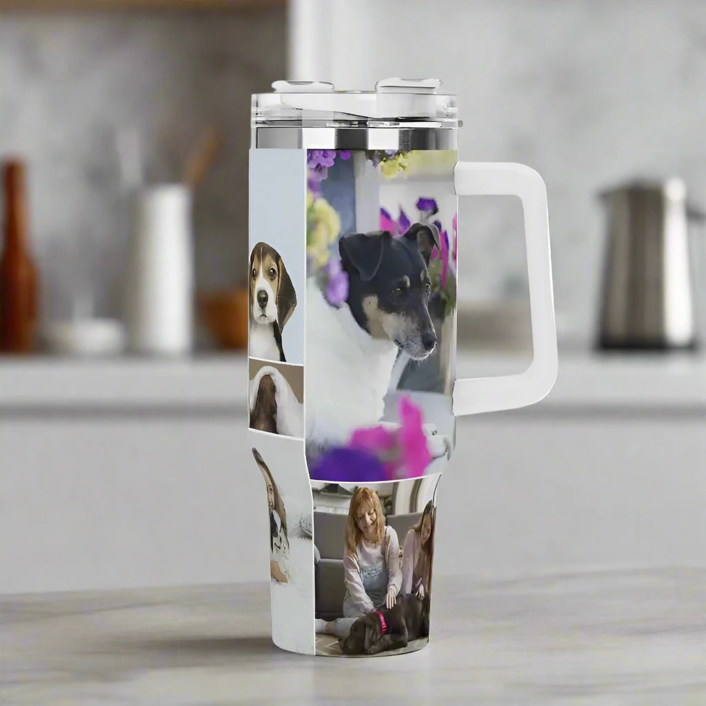Pawsitively Pawesome Travel Mug with dog photos, personalized 40oz stainless design