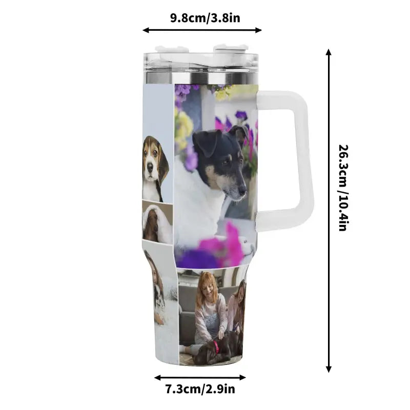 Insulated 40oz stainless steel travel mug with white handle and fun dogs photo collage
