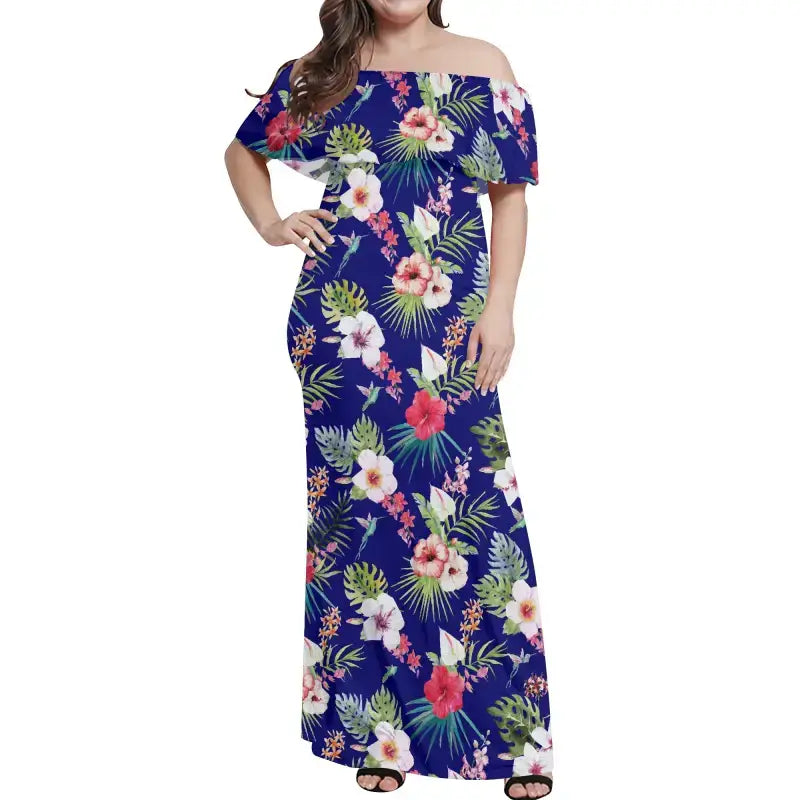 Womens Hawaiian Off Shoulder Maxi Dress with a colorful tropical print for summer vibes