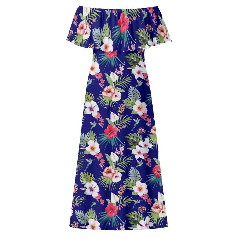 Blue floral off-the-shoulder maxi dress perfect for sunny days in this Women’s Hawaiian style