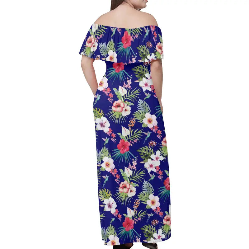Floral off-the-shoulder maxi dress perfect for beach days in this Women’s Hawaiian style