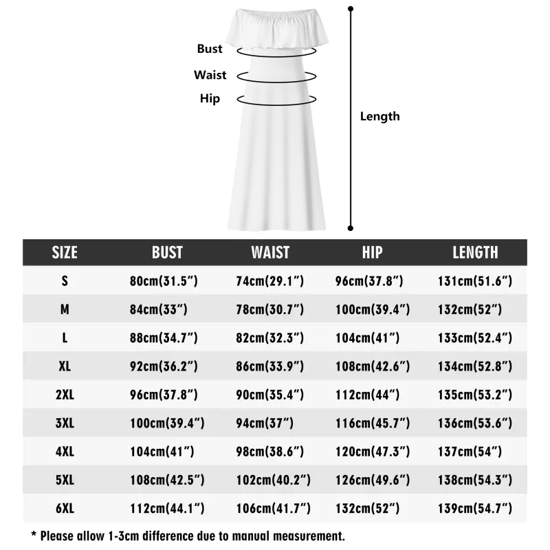 Off-the-shoulder dress size chart for Womens Hawaiian Shoulder Maxi Dress