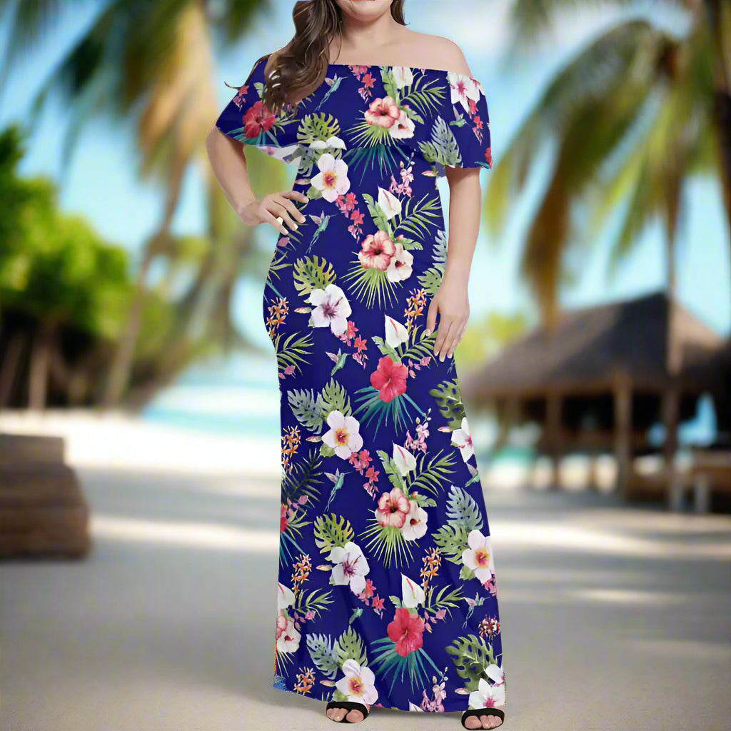 Floral off-the-shoulder maxi dress perfect for a women’s Hawaiian paradise vibe