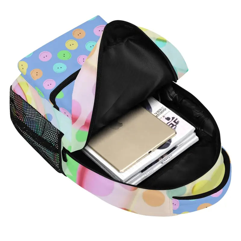 Colorful Smiley Face Backpack with pastel polka dots and open zipper showing contents