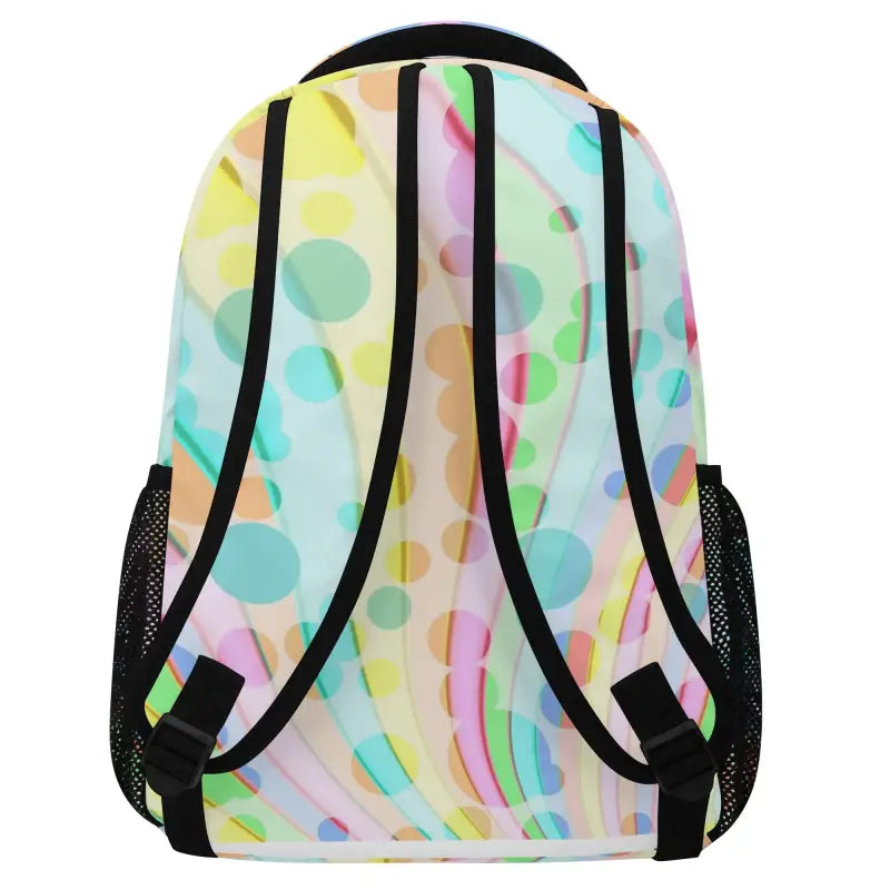 Colorful Smiley Face Backpack with pastel geometric pattern and black straps
