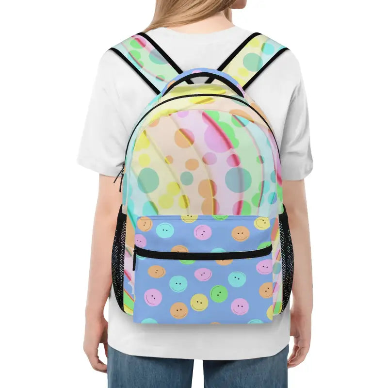 Colorful Smiley Face Backpack with pastel patterns and fun smiley designs
