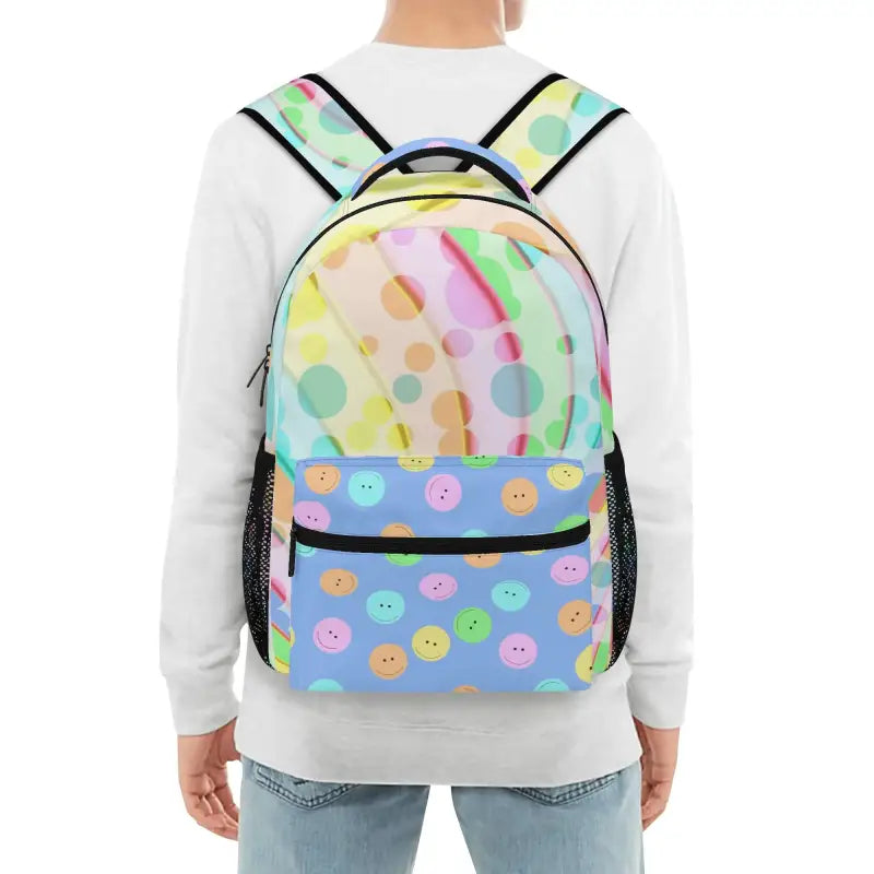 Colorful Smiley Face Backpack with pastel polka dots and cheerful designs