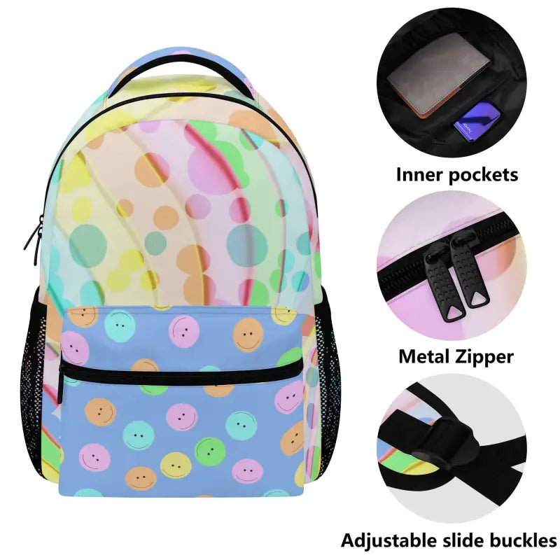 Vibrant Smiley Face Backpack with fun polka dots and cheerful smiley face patterns