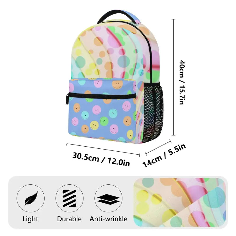 Colorful Smiley Face Backpack with pastel geometric patterns and fun smiley designs