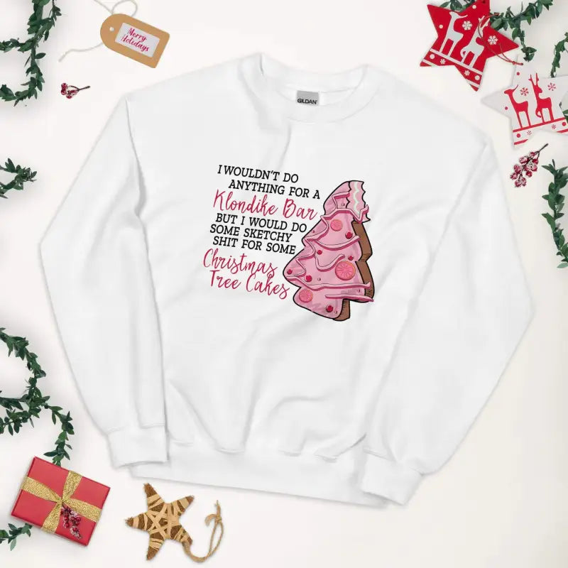 White Snack Cake Sweatshirt featuring funny Klondike bars and Christmas tree snacks