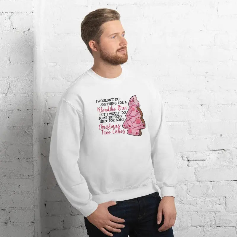 Cozy White Snack Cake Sweatshirt featuring a cute pink Christmas tree graphic