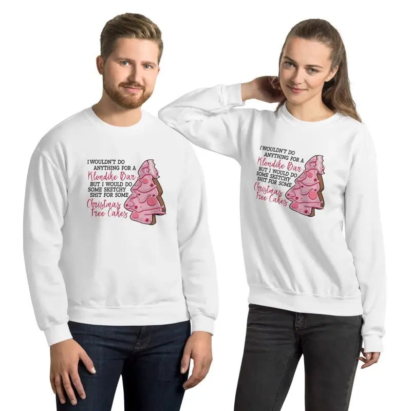 White Snack Cake Sweatshirt featuring pink Christmas tree designs for festive vibes