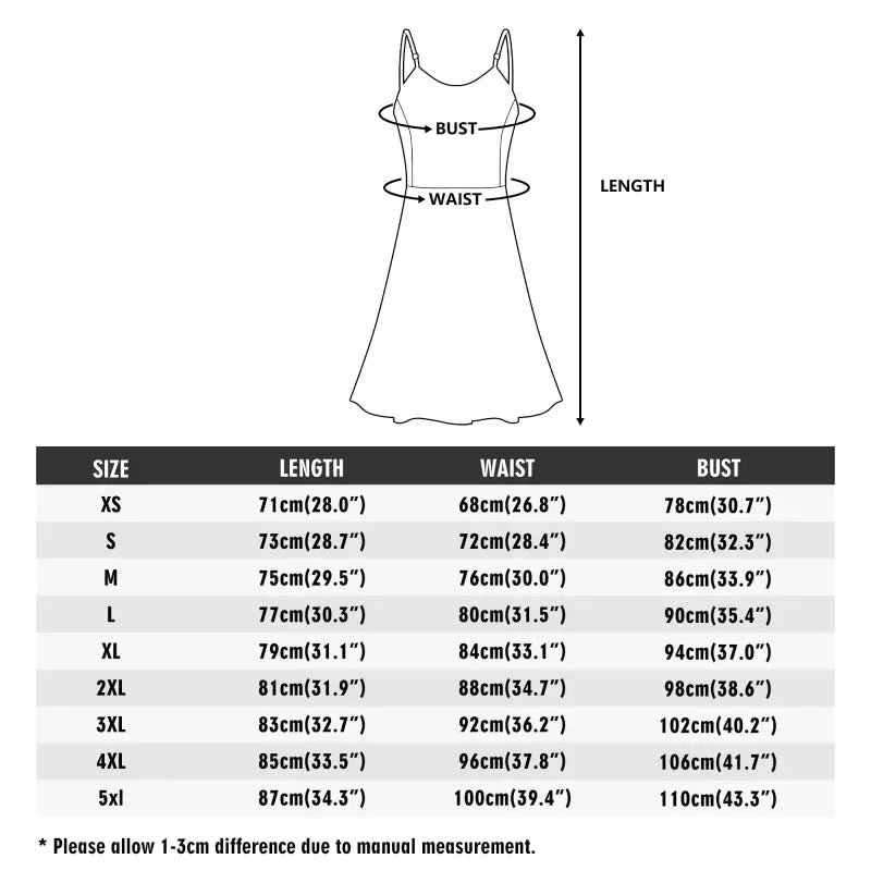 Dress size chart for Spaghetti Strap Magic Boho Dresses perfect for any adventure