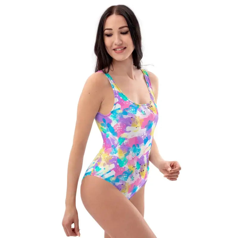 Colorful retro print one-piece swimsuit perfect for a fun 90s party vibe